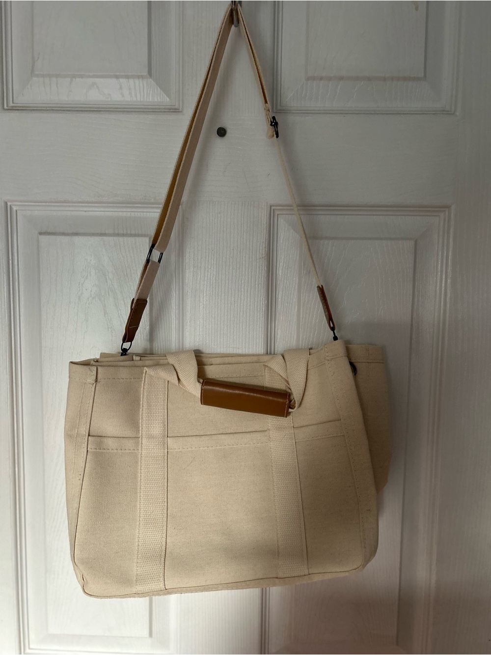 Canvas Tote Shoulder Bag in Natural with Tan Accents
